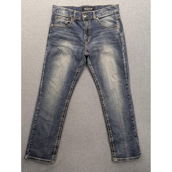TrueLuck Jeans Mens 34x30 Blue Straight Leg Distressed Contrast Stitch Denim - Picture 1 of 15